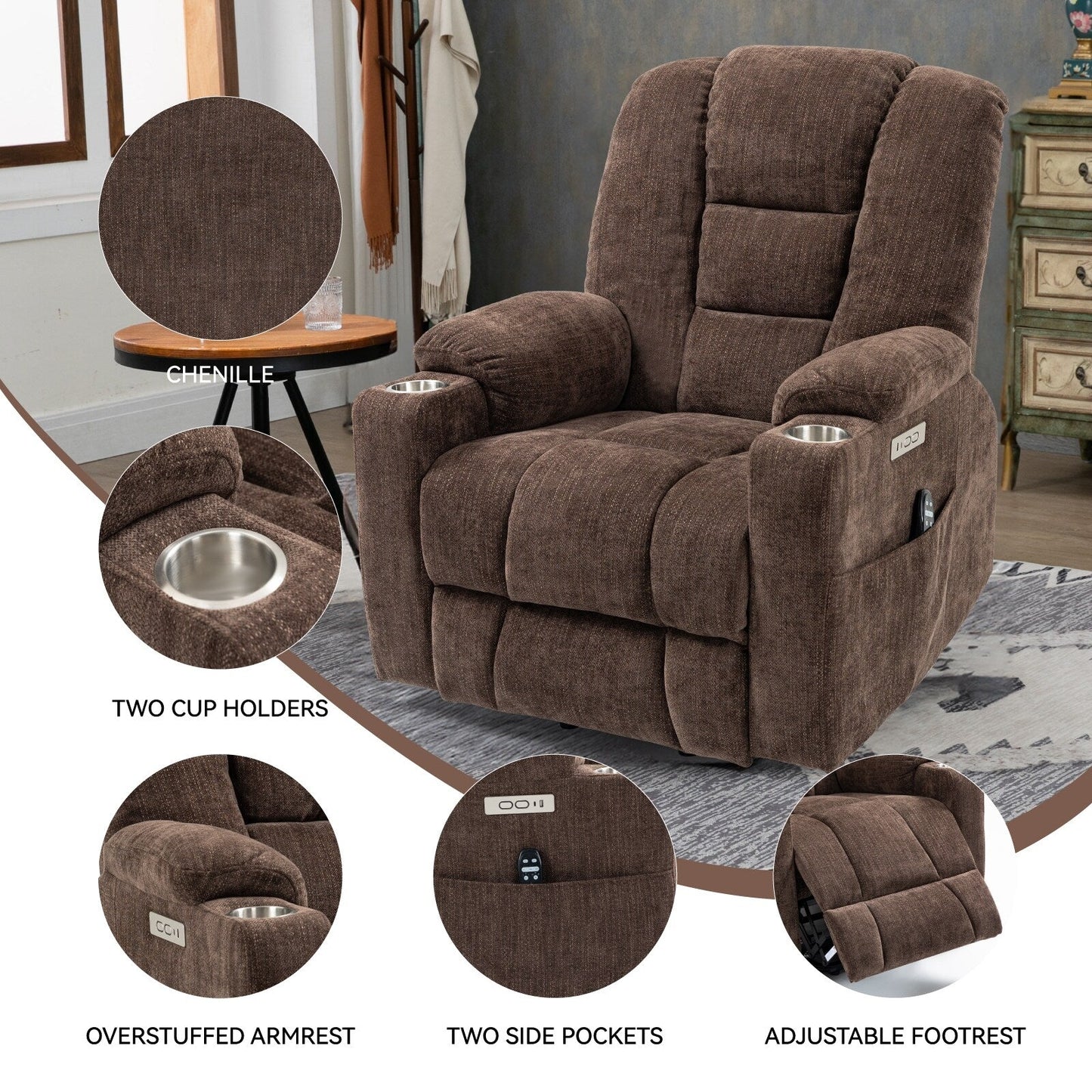 Power Lift Recliner Chair with Dual USB Ports, Cup Holders, Chenille Fabric, 155° Recline, Easy Assembly