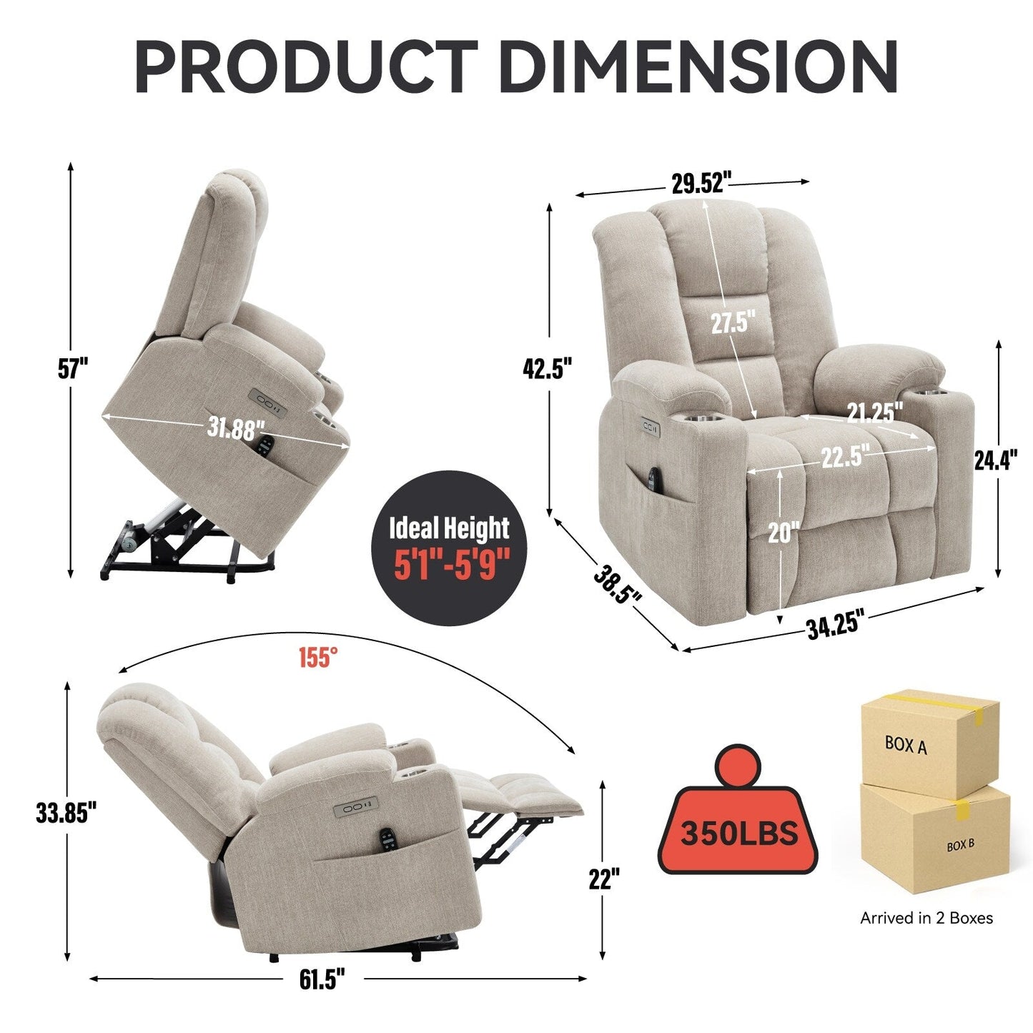Power Lift Recliner Chair with Dual USB, Cup Holders & Chenille Fabric