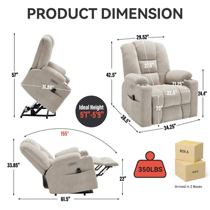 Power Lift Recliner Chair with Dual USB, Cup Holders & Chenille Fabric