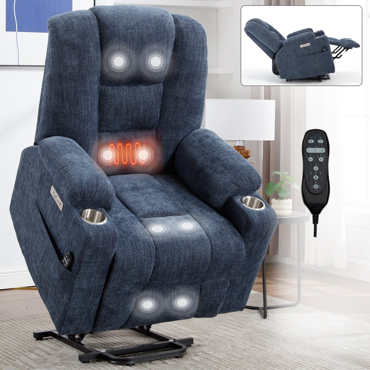 Power Lift Recliner Chair with Dual USB, Cup Holders & Chenille Fabric