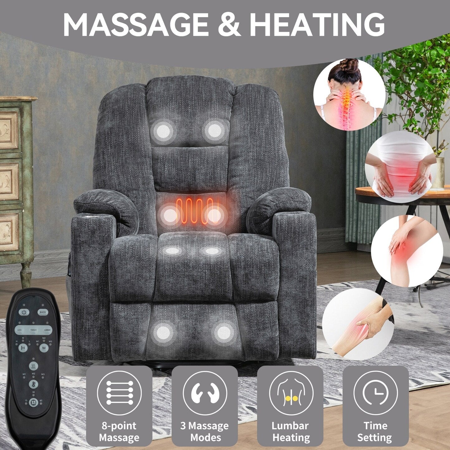 Power Lift Recliner Chair with Dual USB, Cup Holders & Chenille Fabric