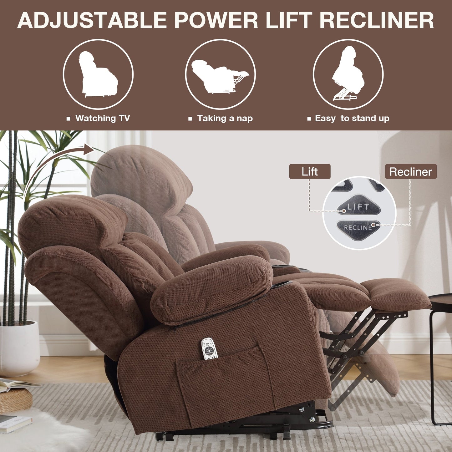 Power Lift Recliner Chair with Heat and Massage Electric Fabric Recliner Chair for Elderly with Side Pocket, USB Charge Port, Re