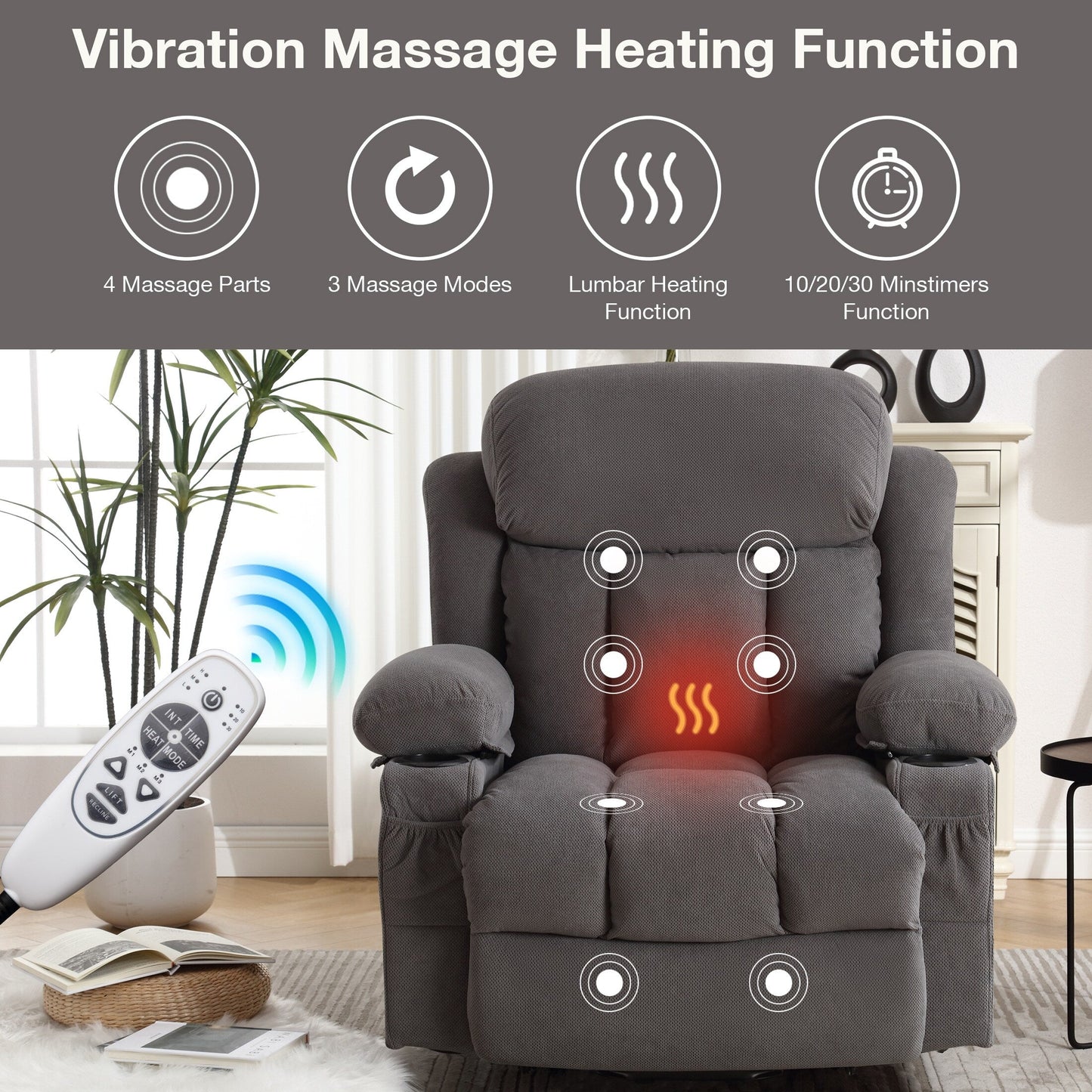 Power Lift Recliner Chair with Heat and Massage Electric Fabric Recliner Chair for Elderly with Side Pocket, USB Charge Port, Re
