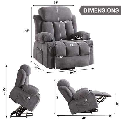 Power Lift Recliner Chair with Heat and Massage Electric Fabric Recliner Chair for Elderly with Side Pocket, USB Charge Port, Re