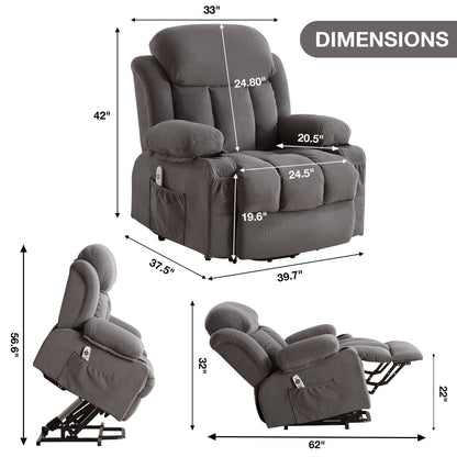 Power Lift Recliner Chair with Heat and Massage Electric Fabric Recliner Chair for Elderly with Side Pocket, USB Charge Port, Re