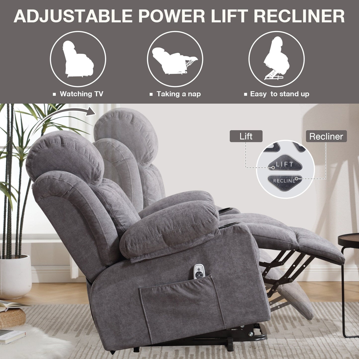 Power Lift Recliner Chair with Heat and Massage Electric Fabric Recliner Chair for Elderly with Side Pocket, USB Charge Port, Re