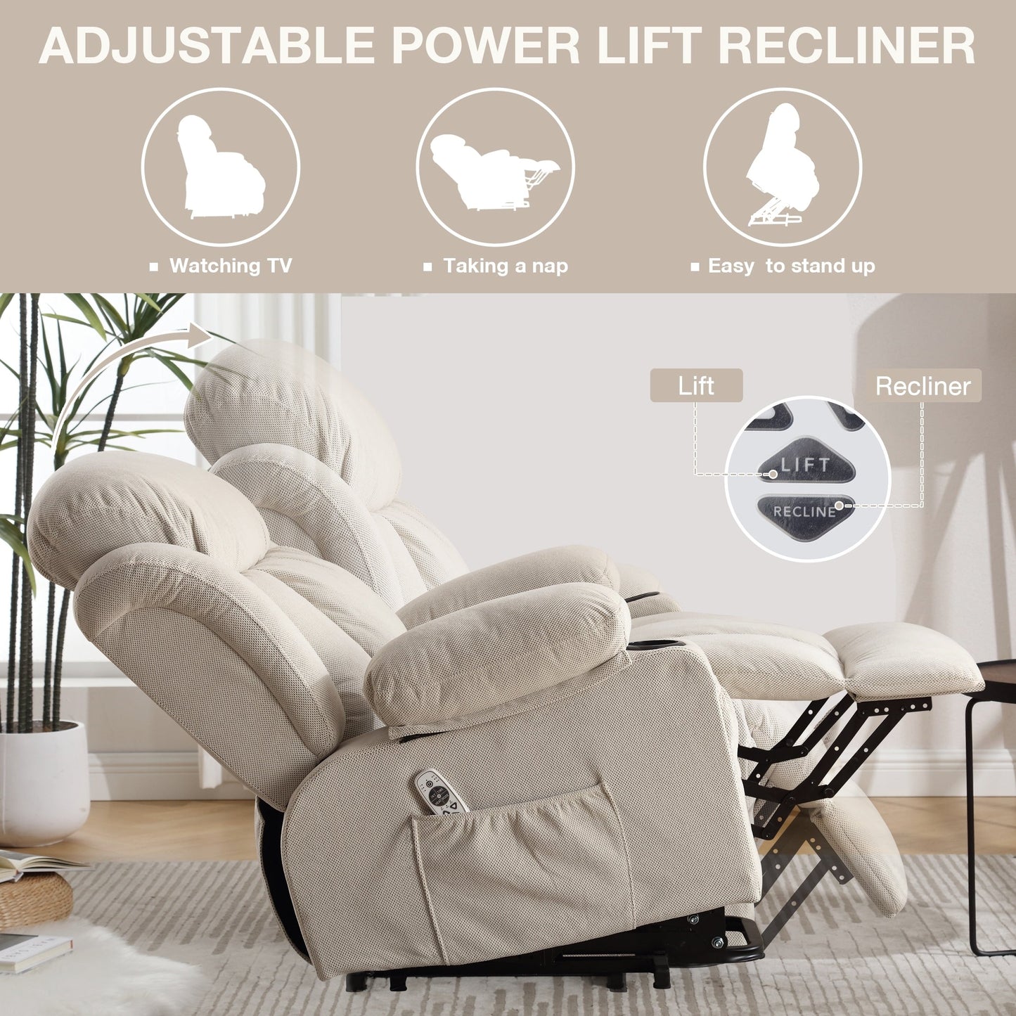 Power Lift Recliner Chair with Heat and Massage Electric Fabric Recliner Chair for Elderly with Side Pocket, USB Charge Port, Re