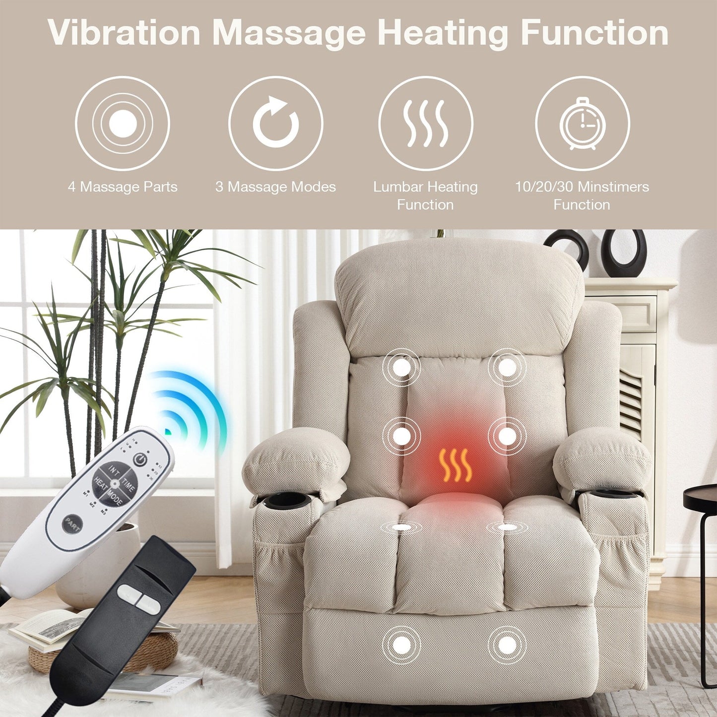 Power Lift Recliner Chair with Heat and Massage Electric Fabric Recliner Chair with Side Pocket,USB Charge Port,Remote Control