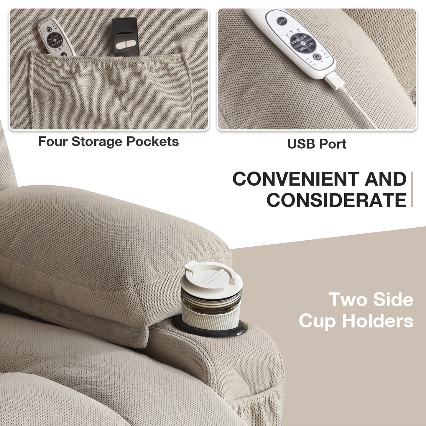 Power Lift Recliner Chair with Heat and Massage Electric Fabric Recliner Chair with Side Pocket,USB Charge Port,Remote Control