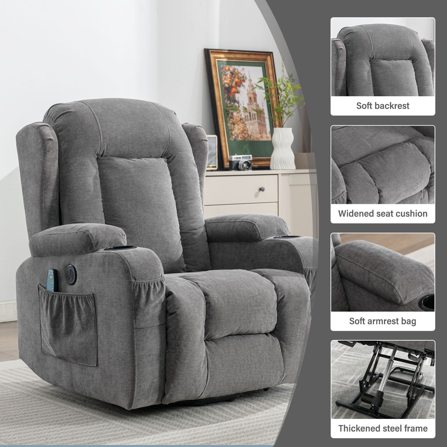 Power Lift Recliner Chair with Heat, Massage, USB Port, and Side Pocket for Elderly, Adjustable Reclining for Living Room