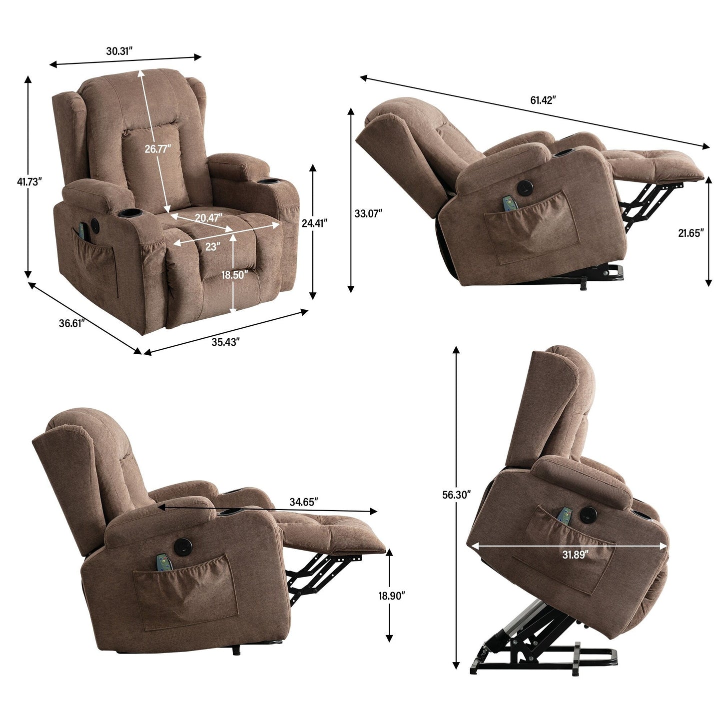Power Lift Recliner Chair with Heat, Massage, USB Port, and Side Pocket for Elderly, Adjustable Reclining for Living Room