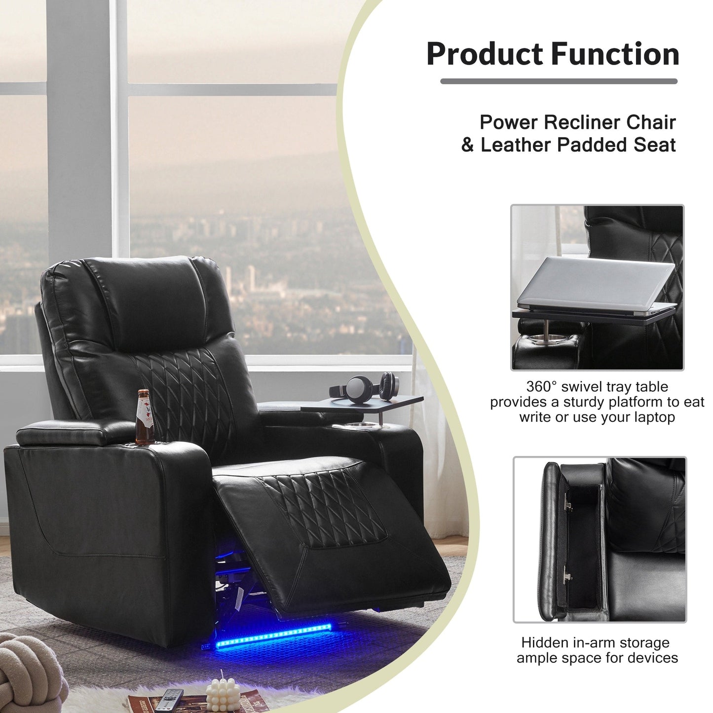 Nestfair Power Motion Recliner with 2 Cup Holders and 360° Swivel Tray Table