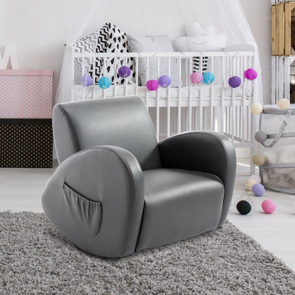 Qaba 20 Kids Sofa Rocking Base Armchair Childrens Furniture with 2 Side Pockets & a Durable PU Material, Grey