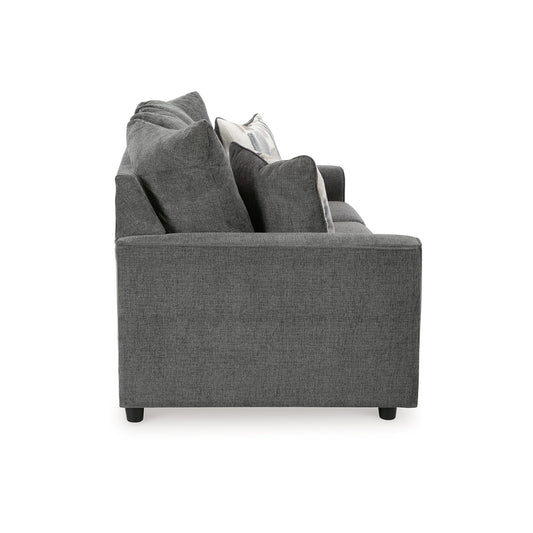 Ratty Sofa, 86 Inch Gray Polyester, Welt Trims, 2 Accent Pillows