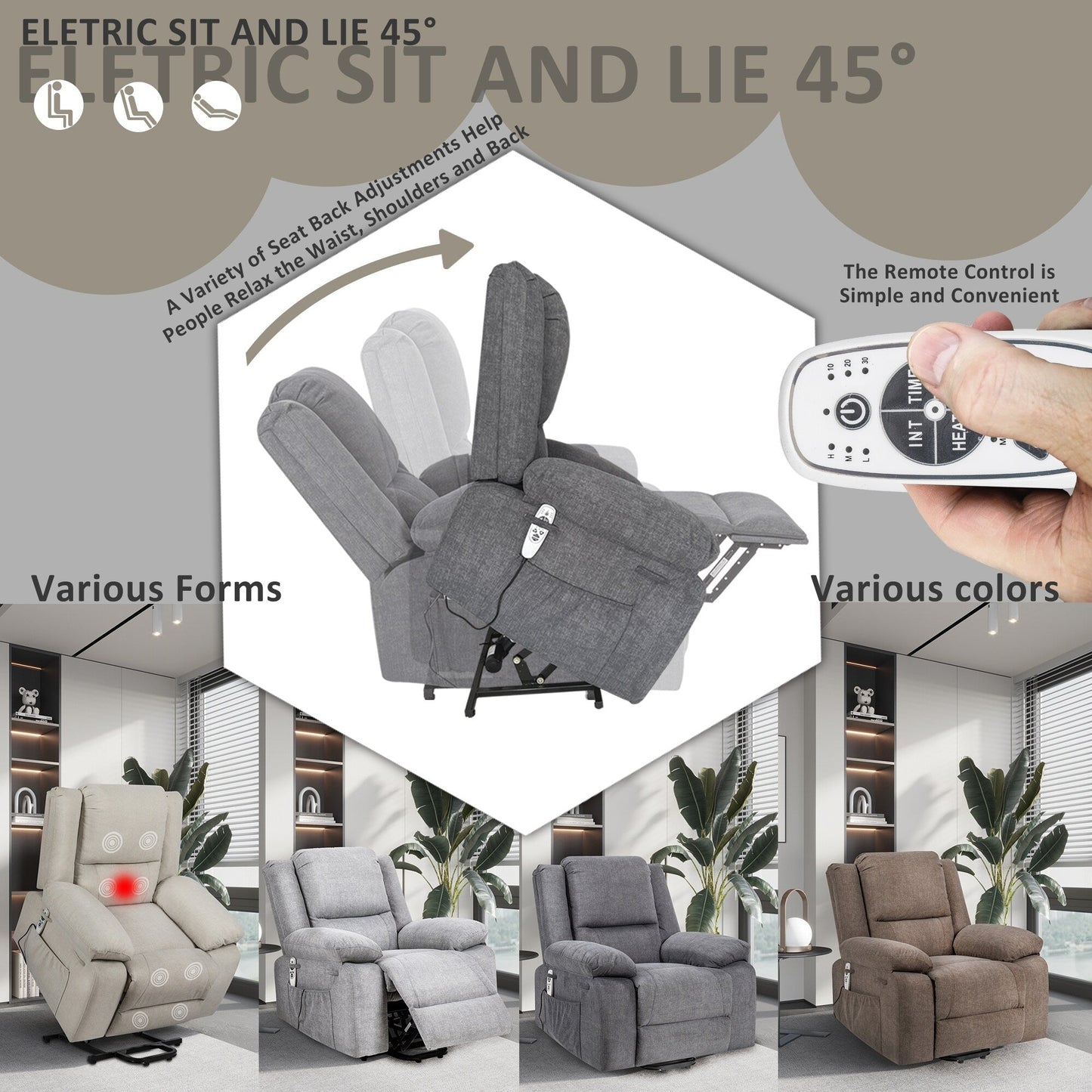 Reclining Lift Chair with Massage, Heating & Remote Control Pockets