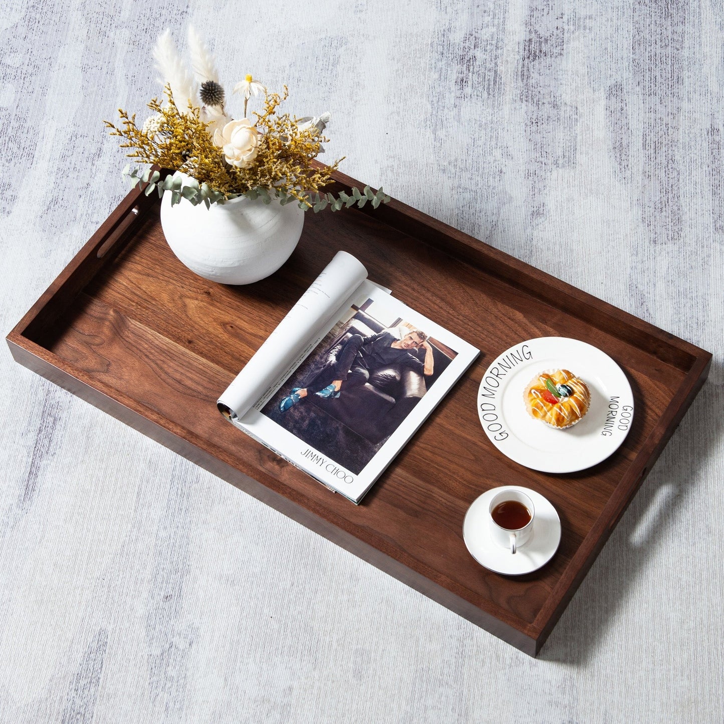 KINWELL Rectangle Black Walnut Wood Serving Tray Ottoman Tray