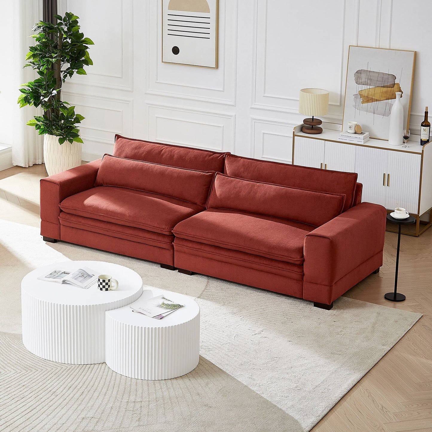 Red 104.72'' Contemporary 4-Seater Fabric Sofa with Wooden Legs - Sleek and Durable Design for Apartments and Offices