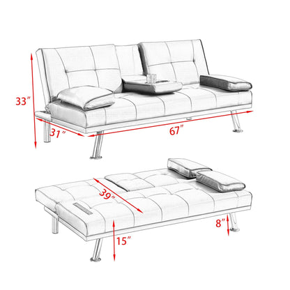 Red 67 Faux Leather Folding Loveseat Sofa Bed with Silver Metal Legs and Cup Holder for Living Room