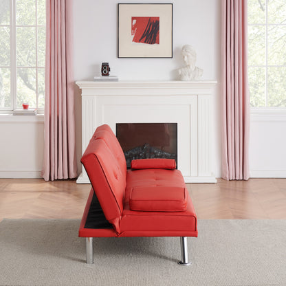 Red 67 Faux Leather Folding Loveseat Sofa Bed with Silver Metal Legs and Cup Holder for Living Room