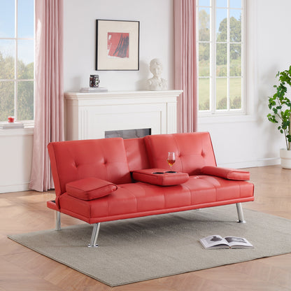 Red 67 Faux Leather Loveseat Sofa Bed with 2 Cup Holder and Stainless Legs for Living Room