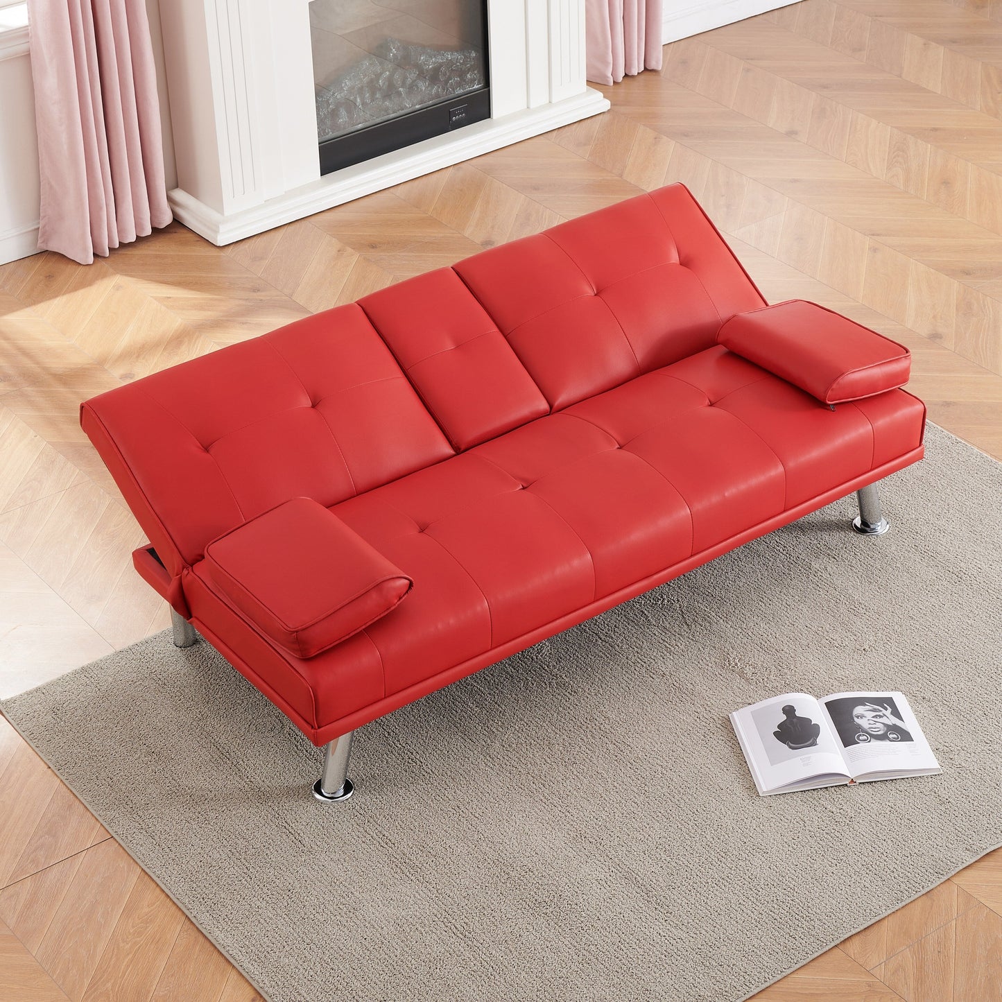 Red 67 Faux Leather Loveseat Sofa Bed with 2 Cup Holder and Stainless Legs for Living Room