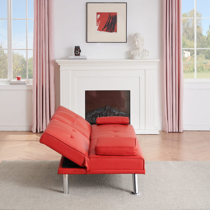 Red 67 Faux Leather Loveseat Sofa Bed with 2 Cup Holder and Stainless Legs for Living Room