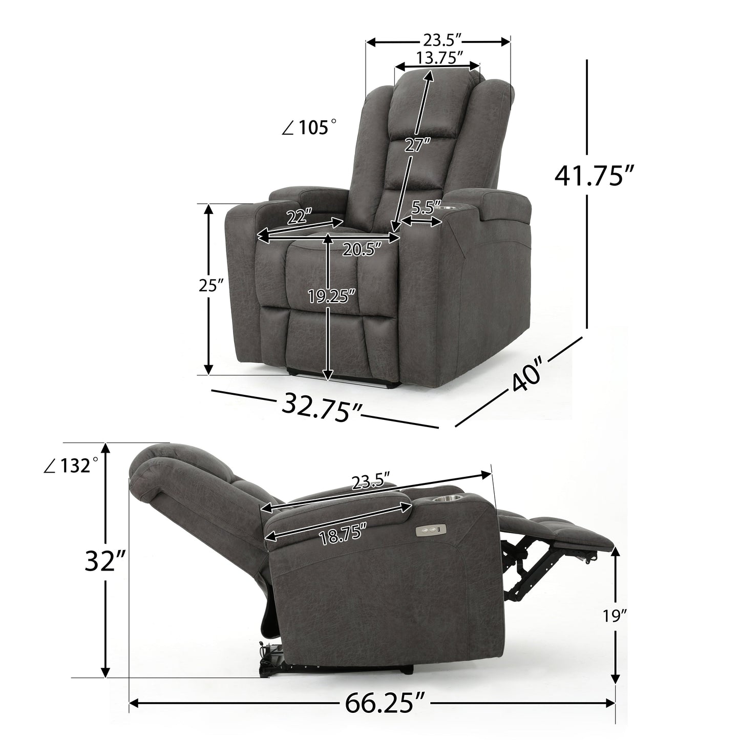 Roomfitters 33 Wide Power Standard Recliner Chair with Arm Storage and USB, Slate