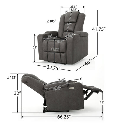 Roomfitters 33 Wide Power Standard Recliner Chair with Arm Storage and USB, Slate
