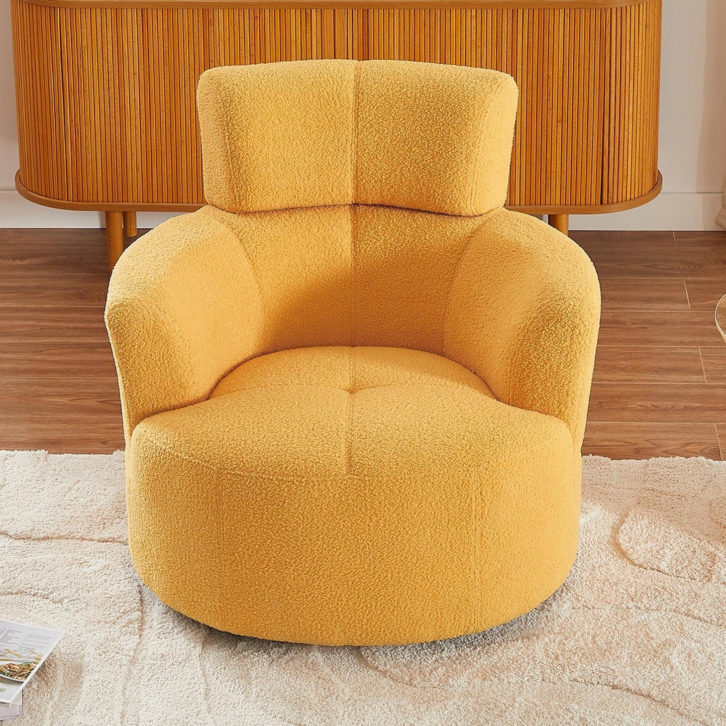 Roomfitters 360Â° Upholstered Swivel Barrel Accent Chair with Adjustable Headrest for Living Room