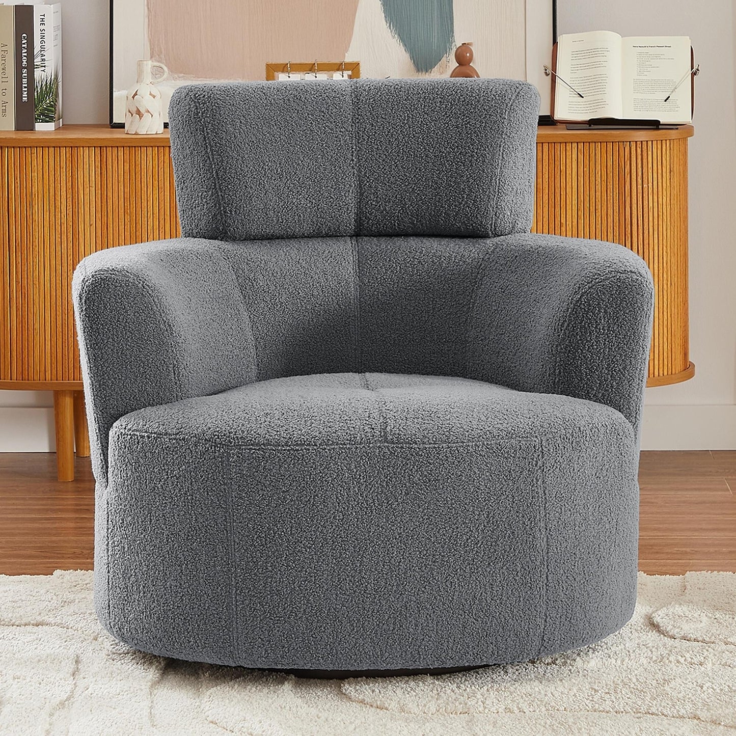 Roomfitters 360Â° Upholstered Swivel Barrel Accent Chair with Adjustable Headrest for Living Room