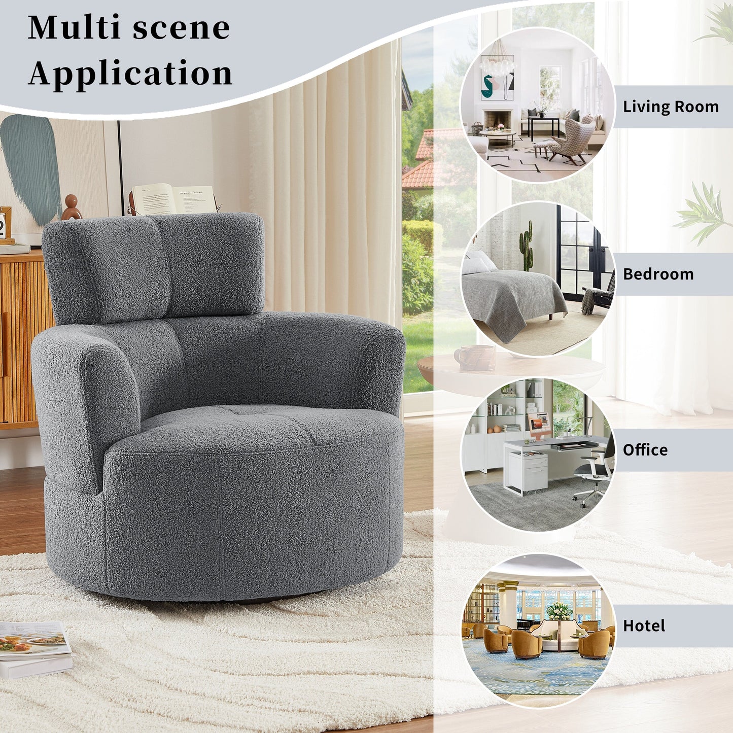 Roomfitters 360Â° Upholstered Swivel Barrel Accent Chair with Adjustable Headrest for Living Room