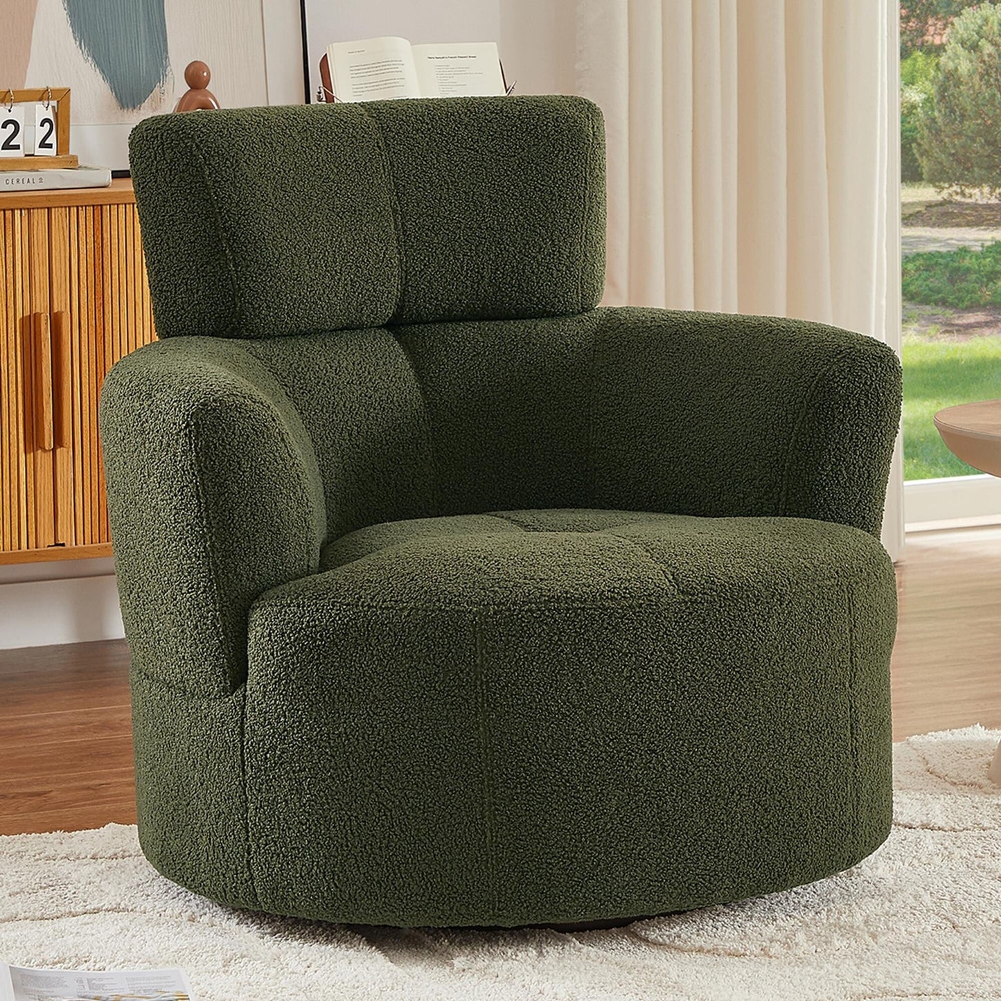 Roomfitters 360Â° Upholstered Swivel Barrel Accent Chair with Adjustable Headrest for Living Room