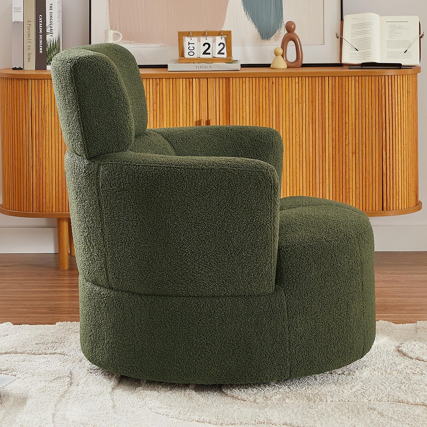 Roomfitters 360Â° Upholstered Swivel Barrel Accent Chair with Adjustable Headrest for Living Room