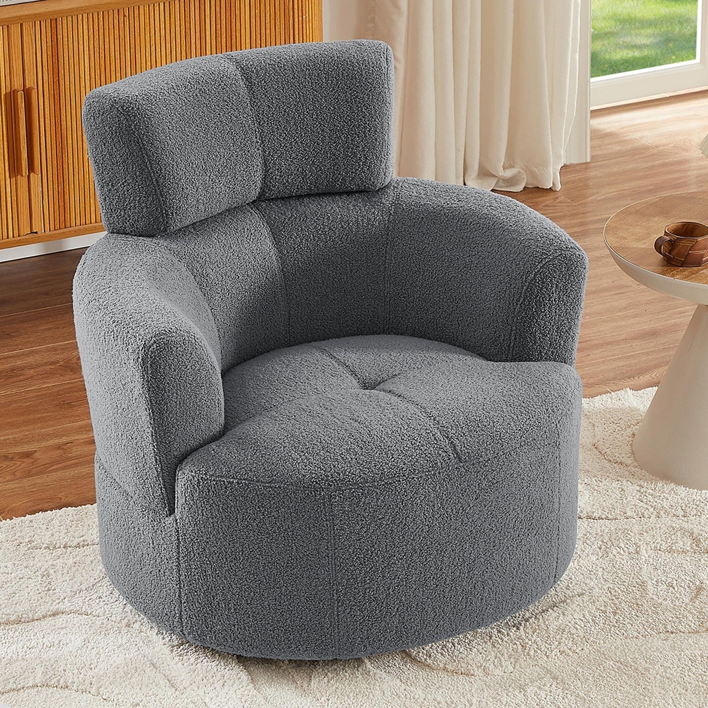 Roomfitters 360Â° Upholstered Swivel Barrel Accent Chair with Adjustable Headrest for Living Room