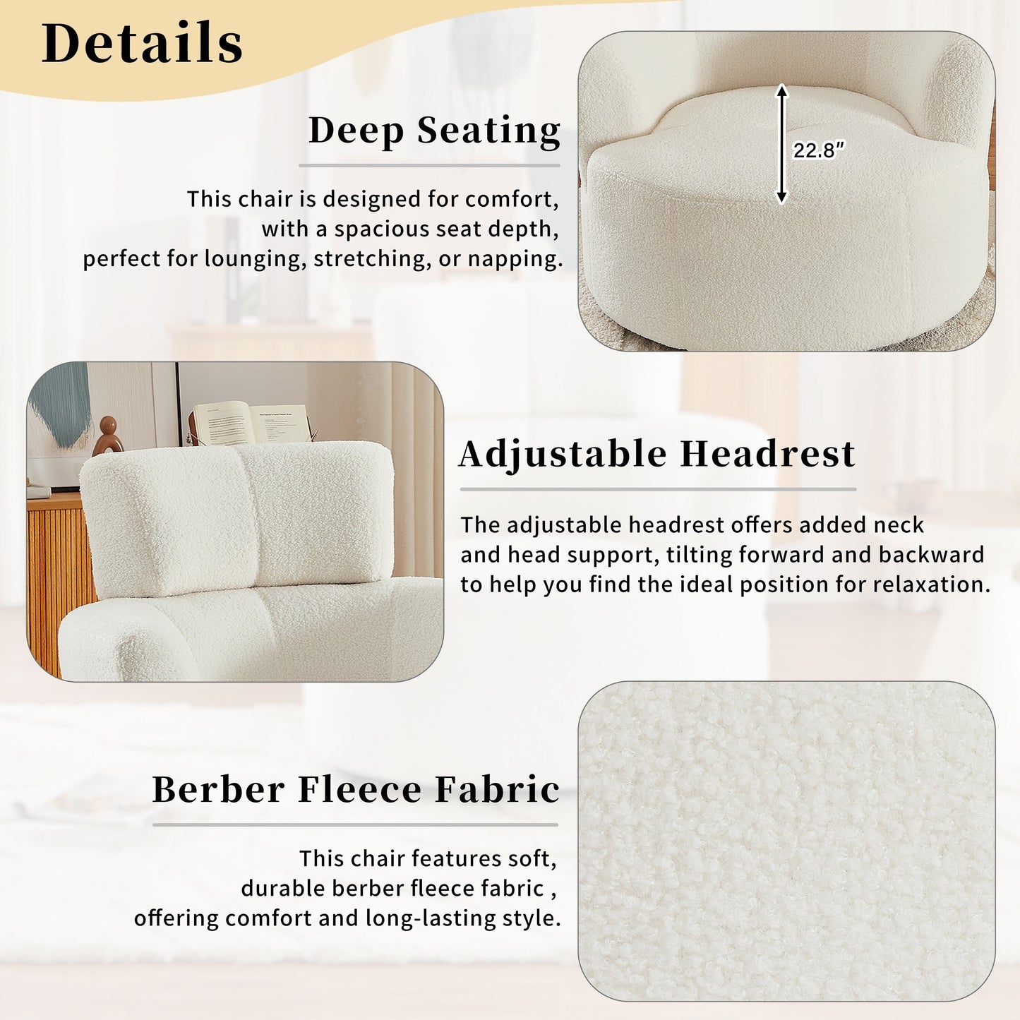 Roomfitters 360Â° Upholstered Swivel Barrel Accent Chair with Adjustable Headrest for Living Room