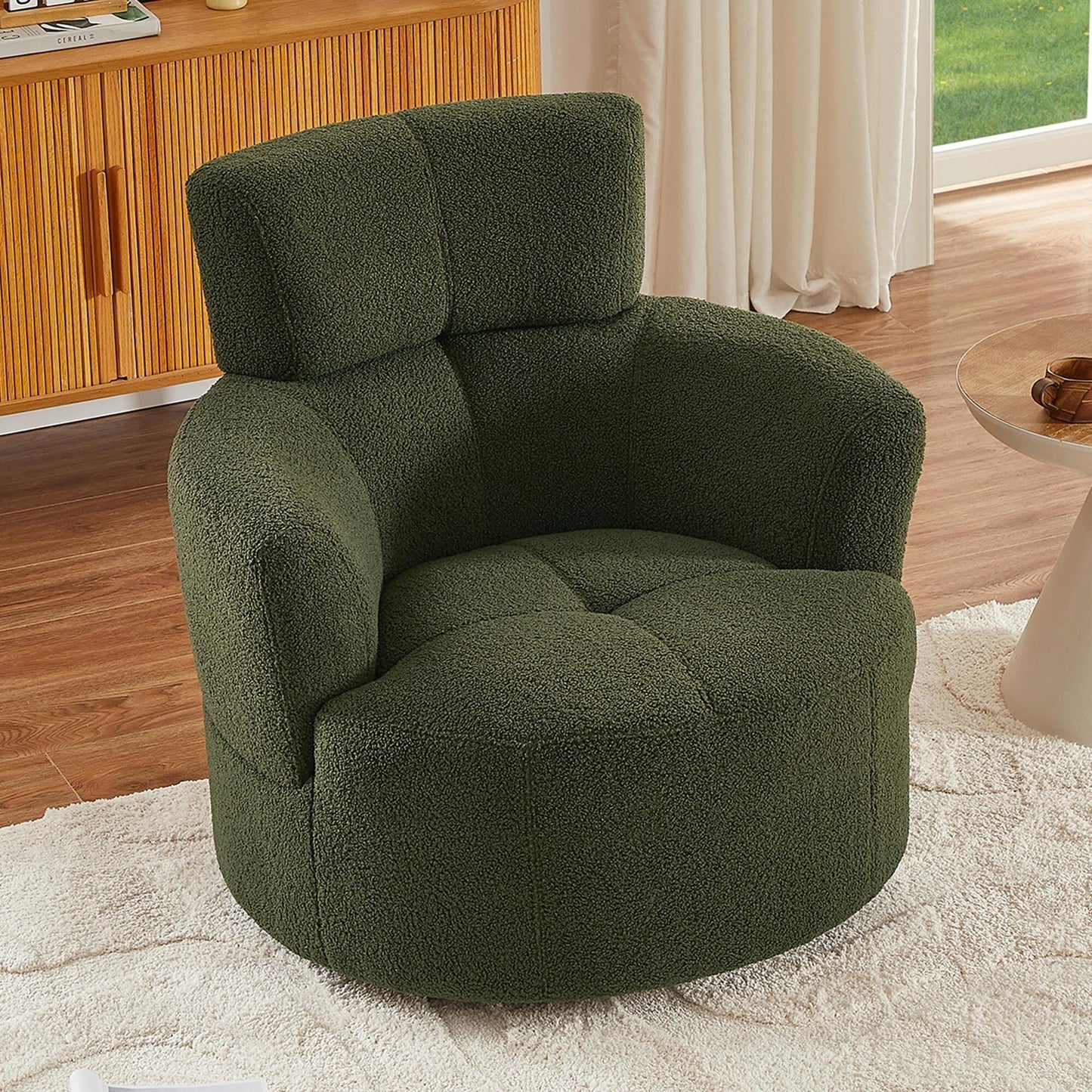 Roomfitters 360Â° Upholstered Swivel Barrel Accent Chair with Adjustable Headrest for Living Room