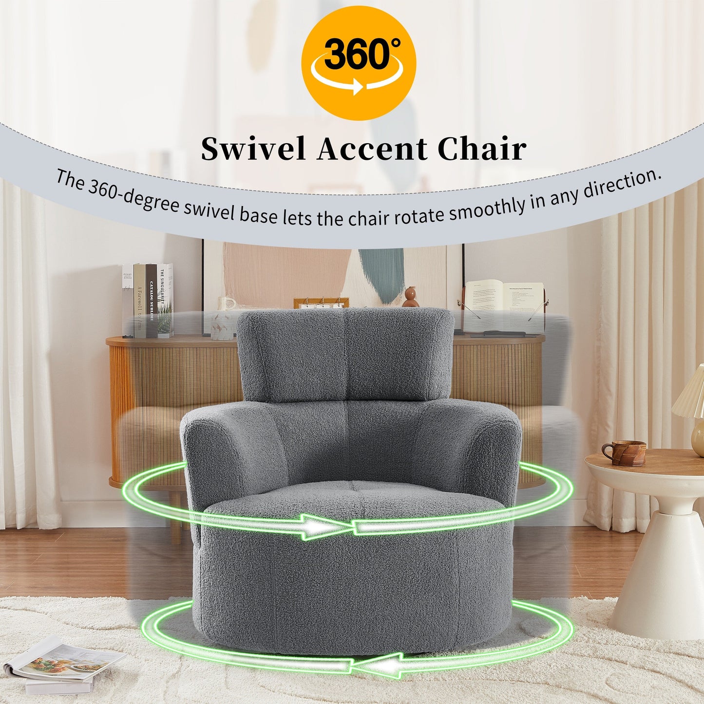 Roomfitters 360Â° Upholstered Swivel Barrel Accent Chair with Adjustable Headrest for Living Room