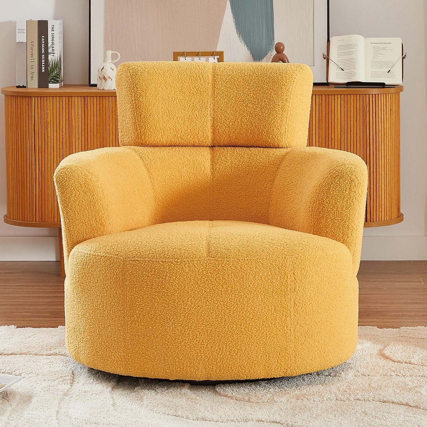 Roomfitters 360Â° Upholstered Swivel Barrel Accent Chair with Adjustable Headrest for Living Room