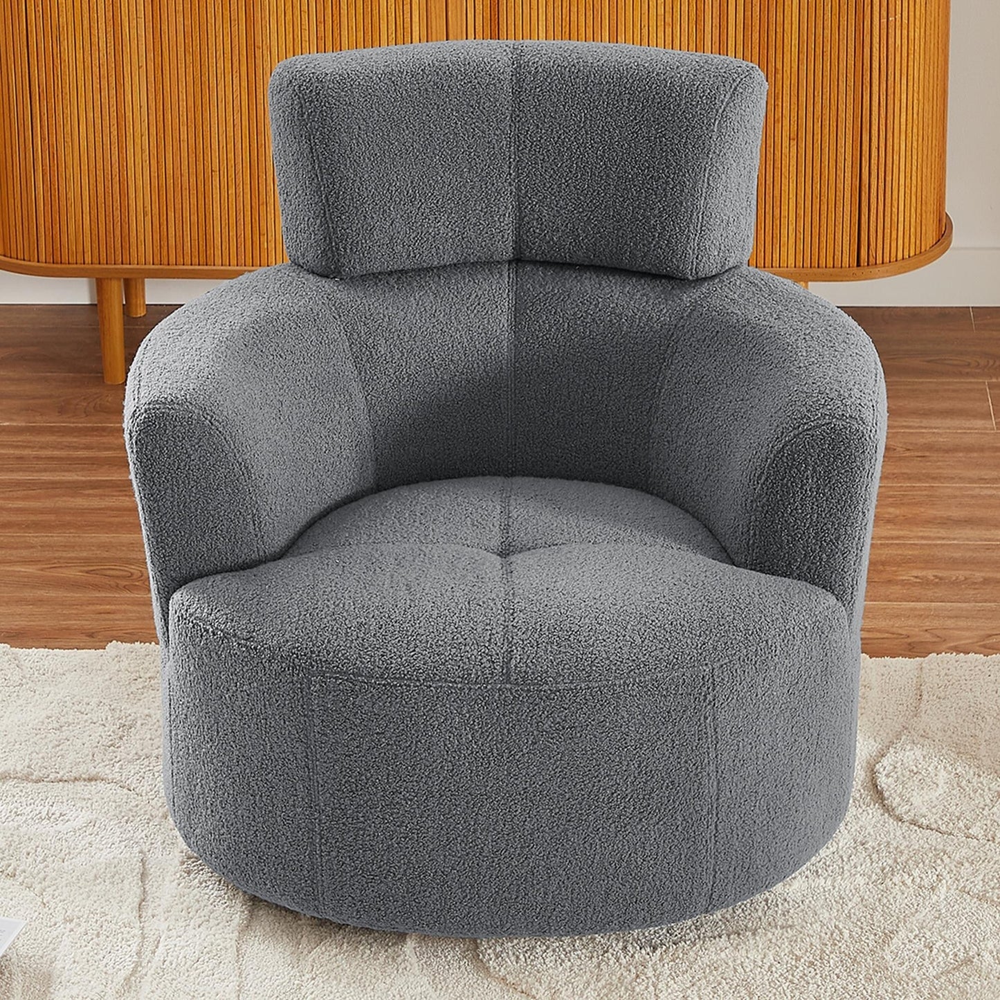 Roomfitters 360Â° Upholstered Swivel Barrel Accent Chair with Adjustable Headrest for Living Room