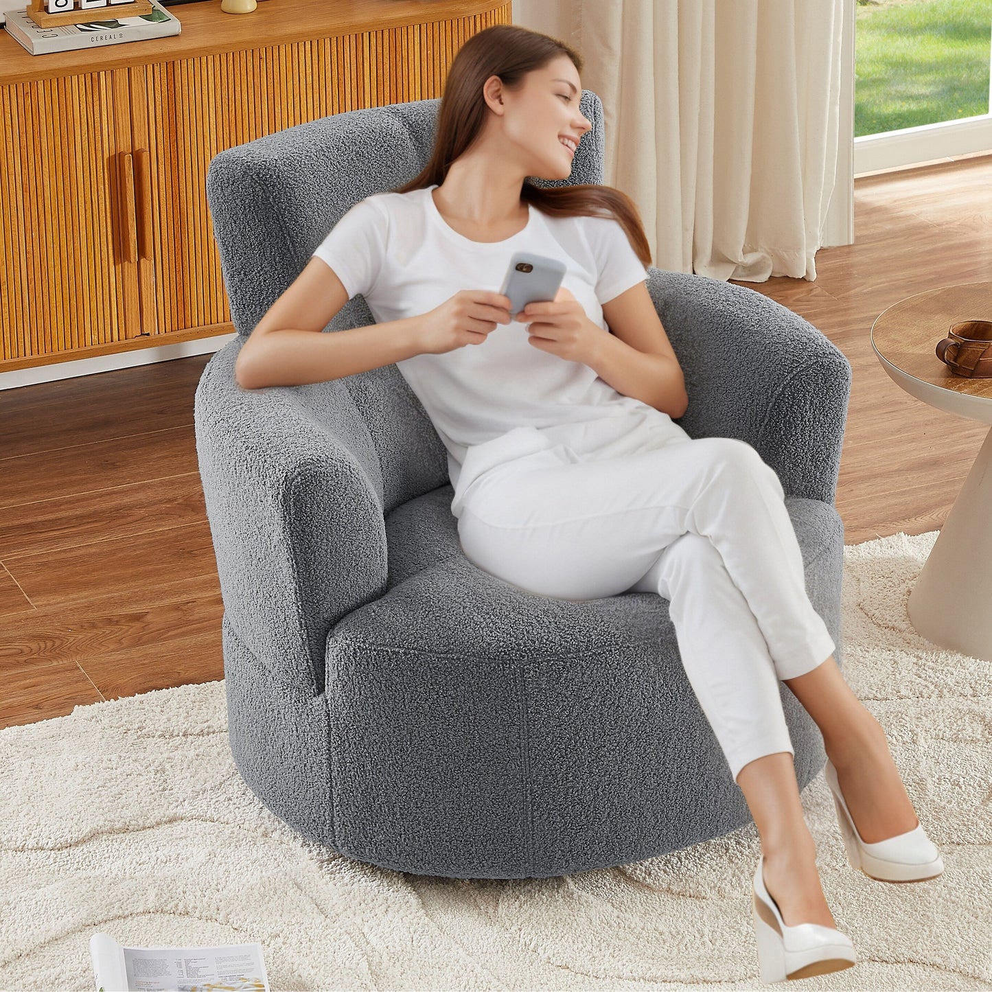 Roomfitters 360Â° Upholstered Swivel Barrel Accent Chair with Adjustable Headrest for Living Room