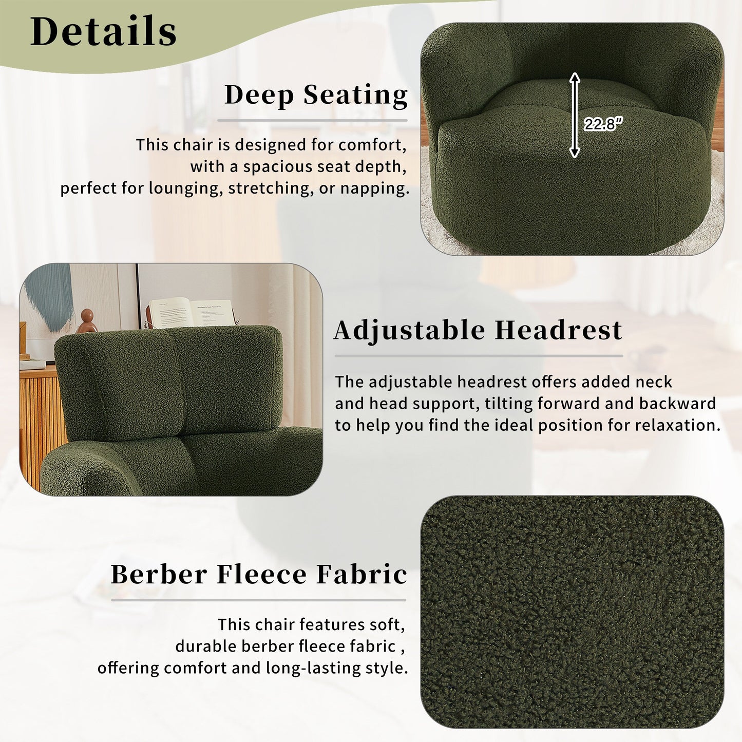 Roomfitters 360Â° Upholstered Swivel Barrel Accent Chair with Adjustable Headrest for Living Room