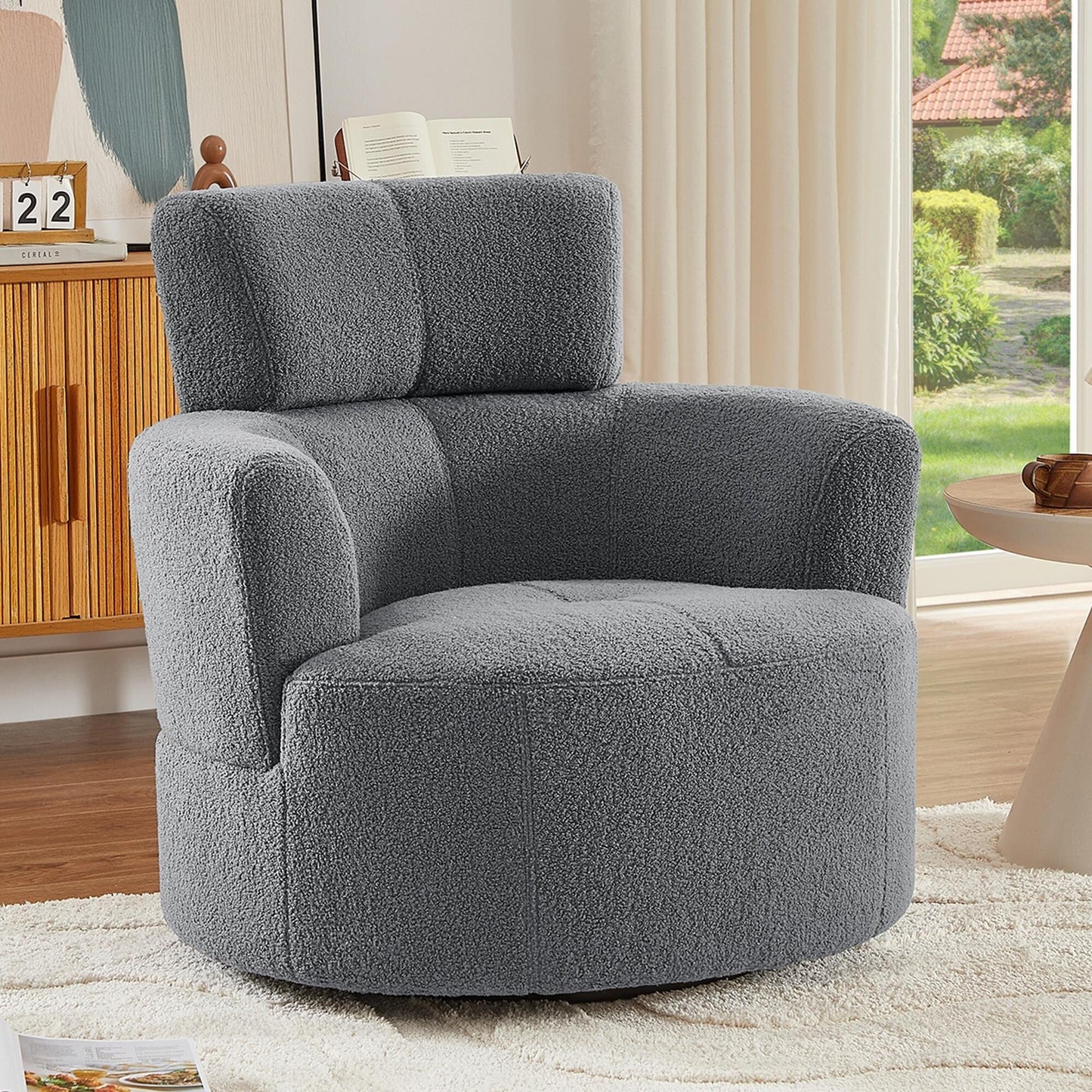 Roomfitters 360Â° Upholstered Swivel Barrel Accent Chair with Adjustable Headrest for Living Room