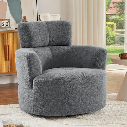 Roomfitters 360Â° Upholstered Swivel Barrel Accent Chair with Adjustable Headrest for Living Room
