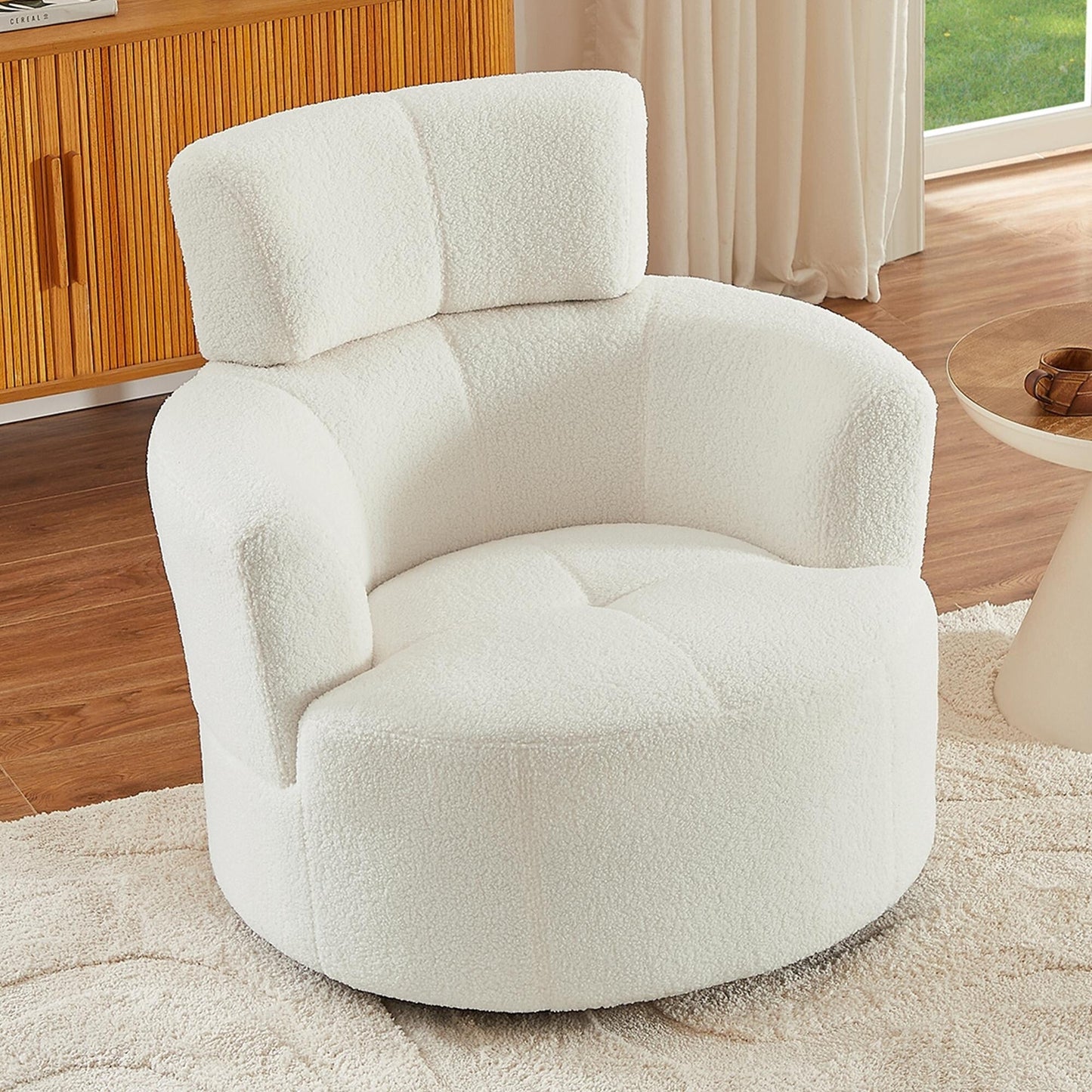 Roomfitters 360Â° Upholstered Swivel Barrel Accent Chair with Adjustable Headrest for Living Room