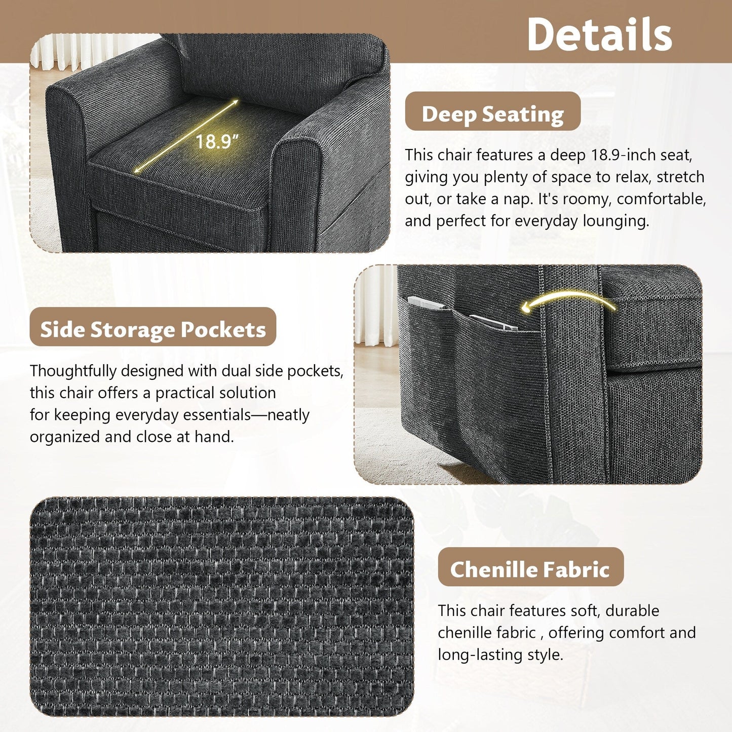 Roomfitters 360Â° Upholstered Swivel Barrel Armchair Accent Chair with Side Pockets for Living Room Bedroom Office Hotel