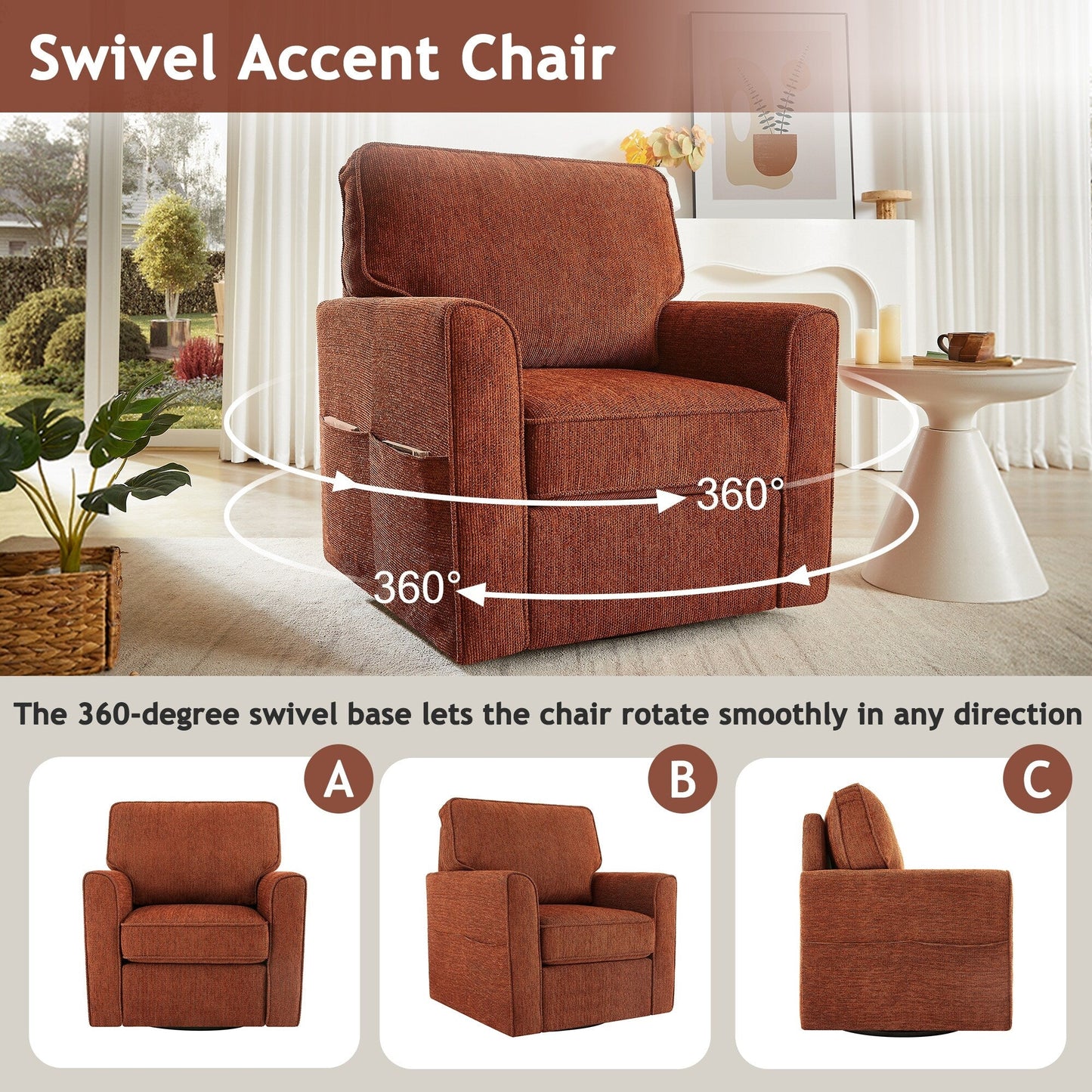 Roomfitters 360Â° Upholstered Swivel Barrel Armchair Accent Chair with Side Pockets for Living Room Bedroom Office Hotel