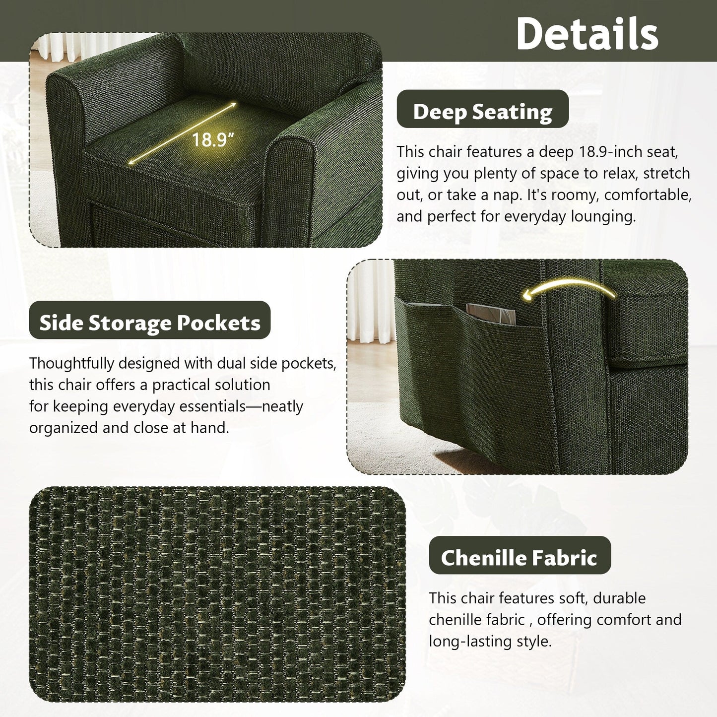 Roomfitters 360Â° Upholstered Swivel Barrel Armchair Accent Chair with Side Pockets for Living Room Bedroom Office Hotel