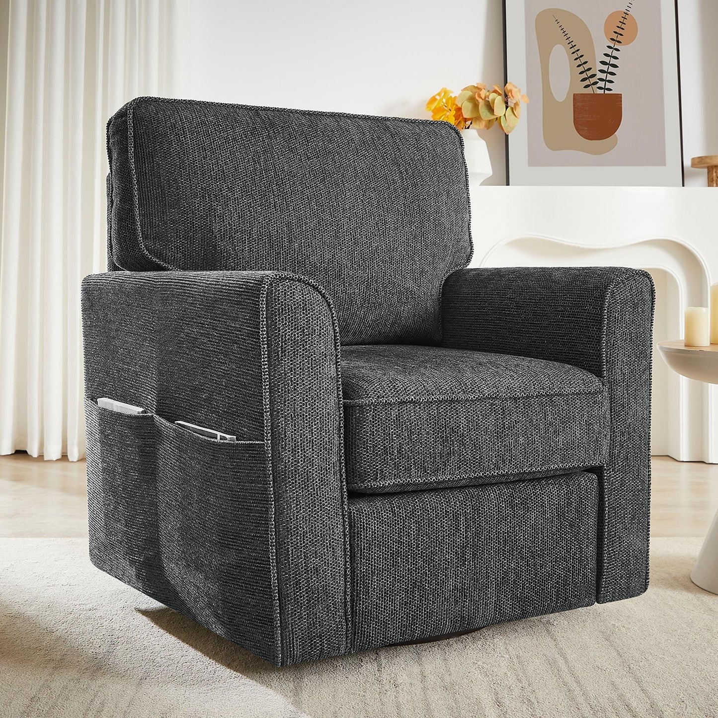 Roomfitters 360Â° Upholstered Swivel Barrel Armchair Accent Chair with Side Pockets for Living Room Bedroom Office Hotel