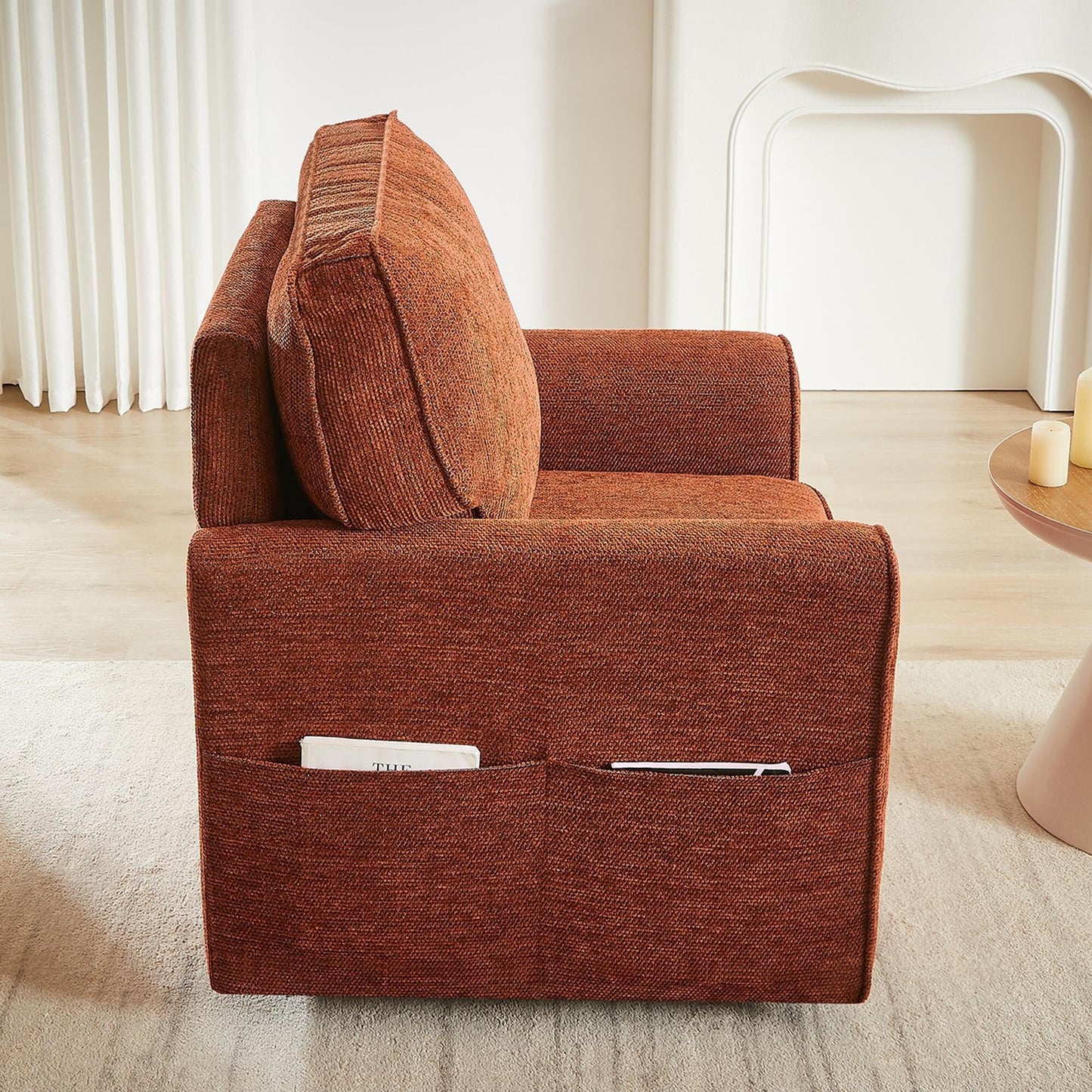 Roomfitters 360Â° Upholstered Swivel Barrel Armchair Accent Chair with Side Pockets for Living Room Bedroom Office Hotel