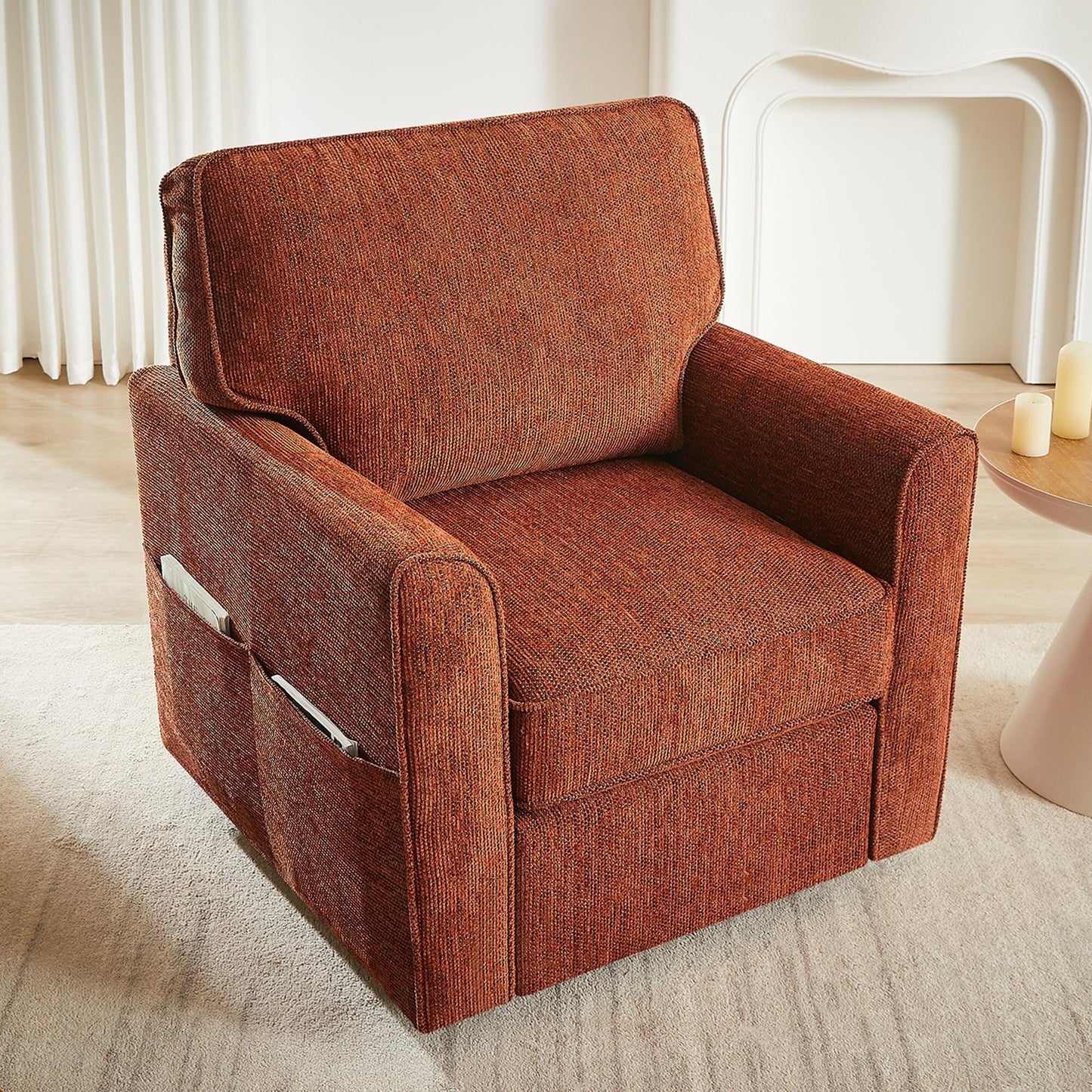 Roomfitters 360Â° Upholstered Swivel Barrel Armchair Accent Chair with Side Pockets for Living Room Bedroom Office Hotel